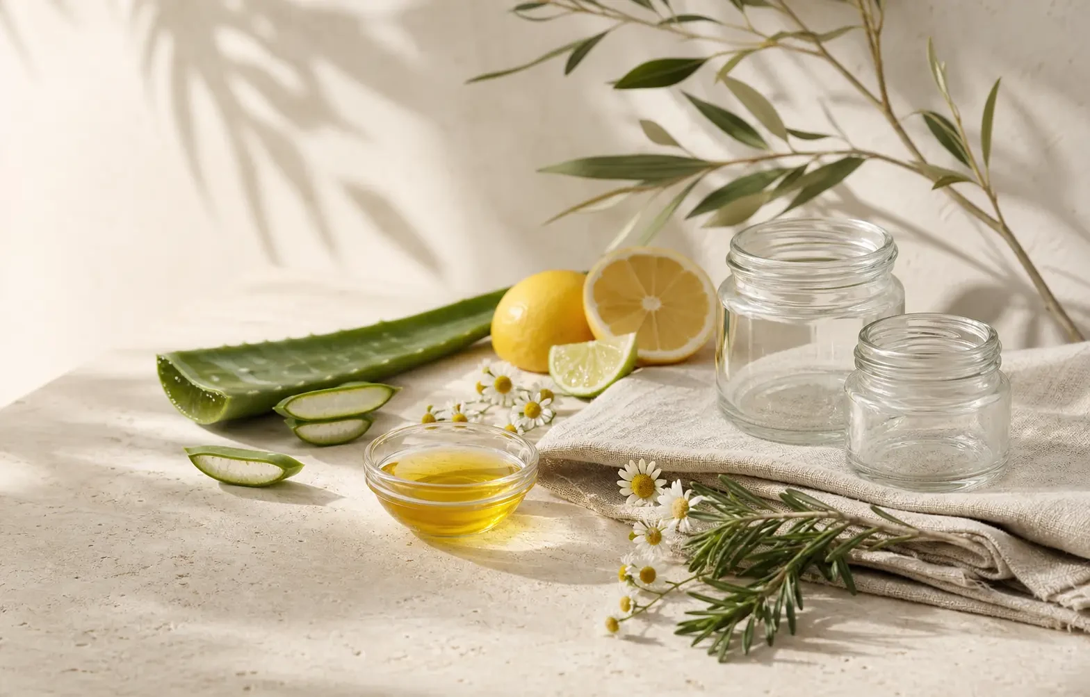 Illustrative skin care still life with aloe, botanical ingredients, and unlabelled jars