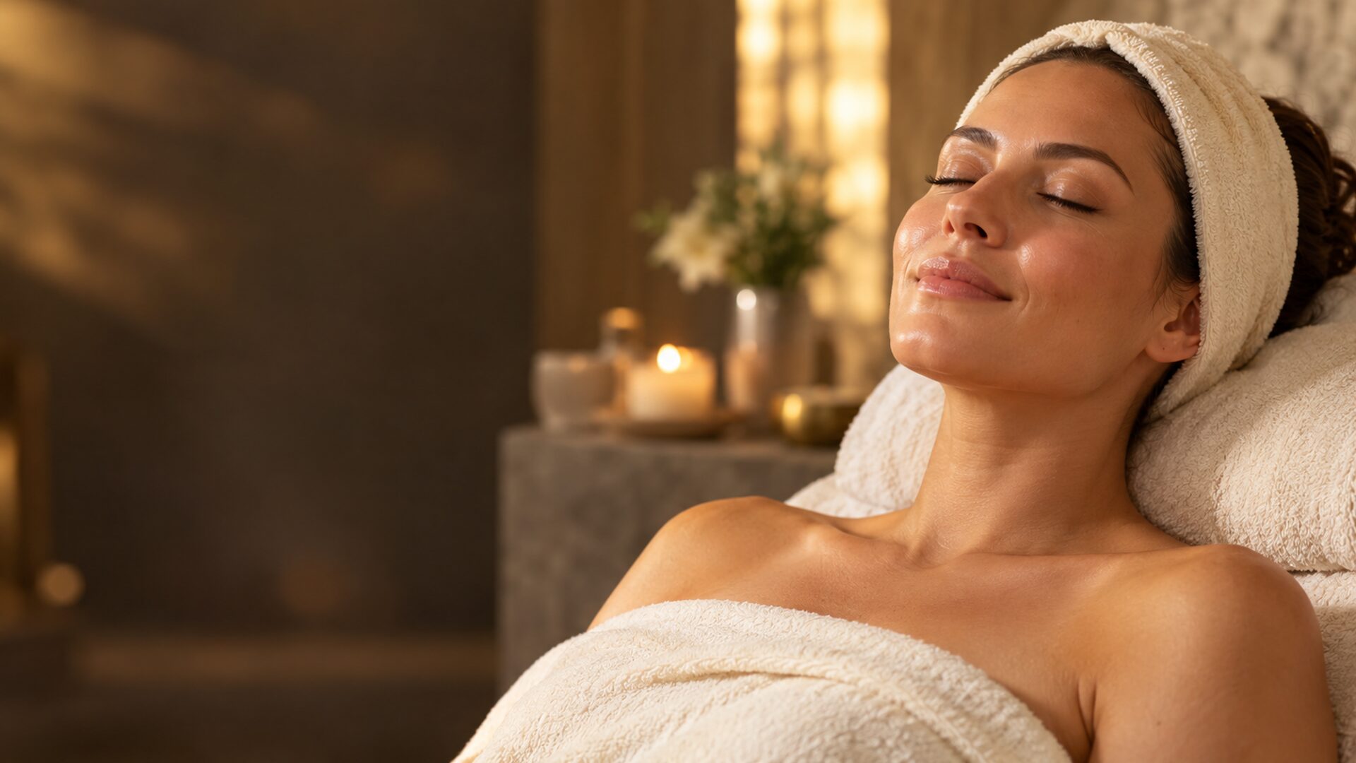Illustrative spa portrait of a woman resting on cream linens