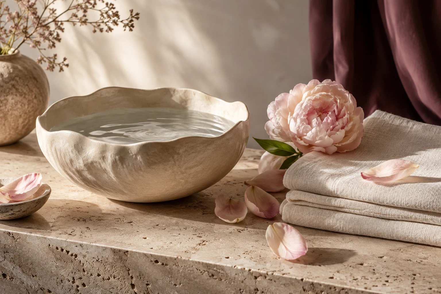 Illustrative spa still life with a ceramic bowl, linens, and flowers